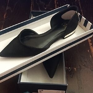 crown & ivy Black Pointed D'Orsay Flat with Gold Heel Accent
